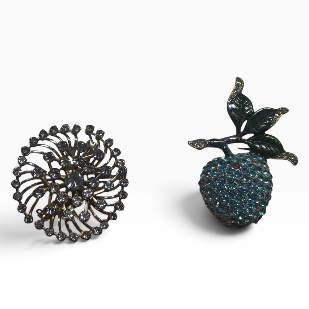 Vintage Rhinestone Brooch Lot Silver Tone Sunburst and Blue Apple Figural Pins
